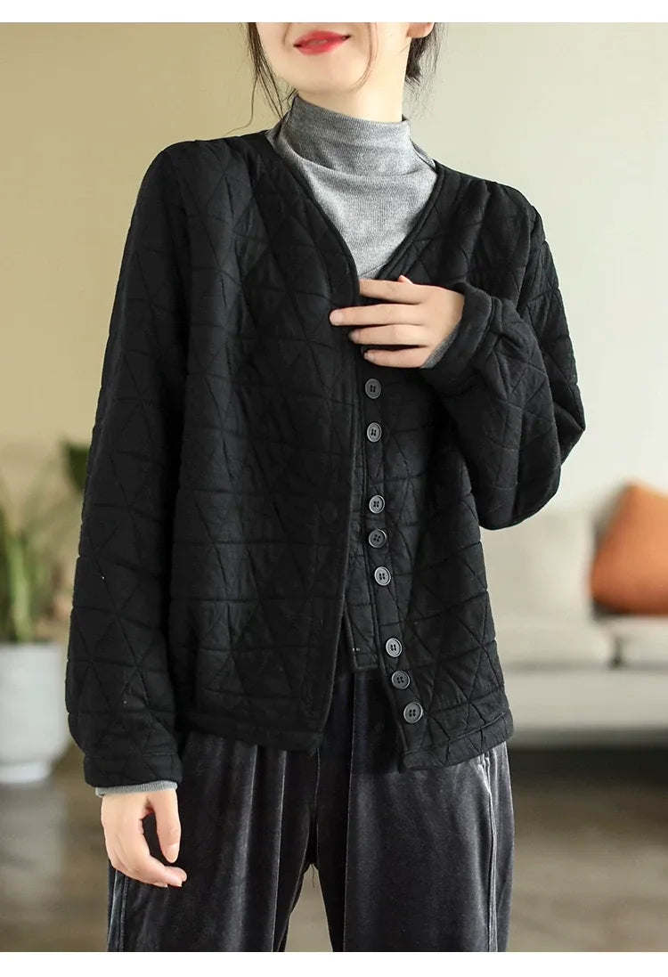 Retro Diamond Quilted V-Neck Padded Jacket