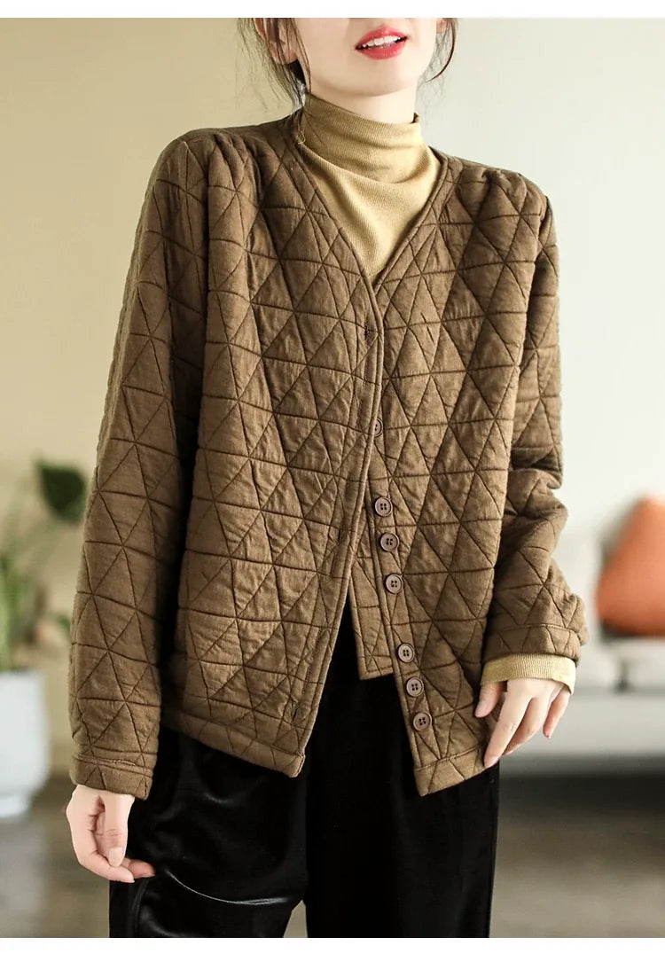 Retro Diamond Quilted V-Neck Padded Jacket