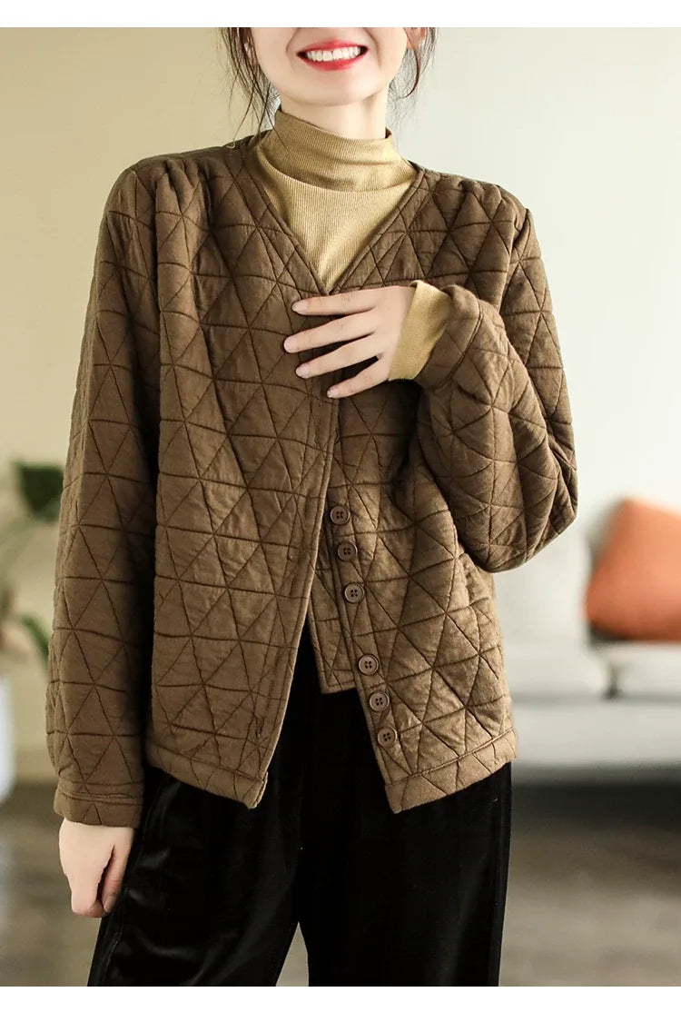 Retro Diamond Quilted V-Neck Padded Jacket