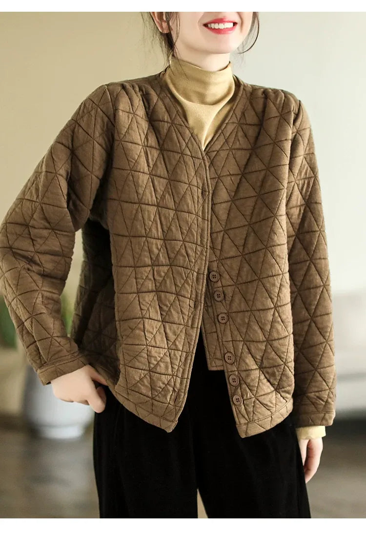 Retro Diamond Quilted V-Neck Padded Jacket
