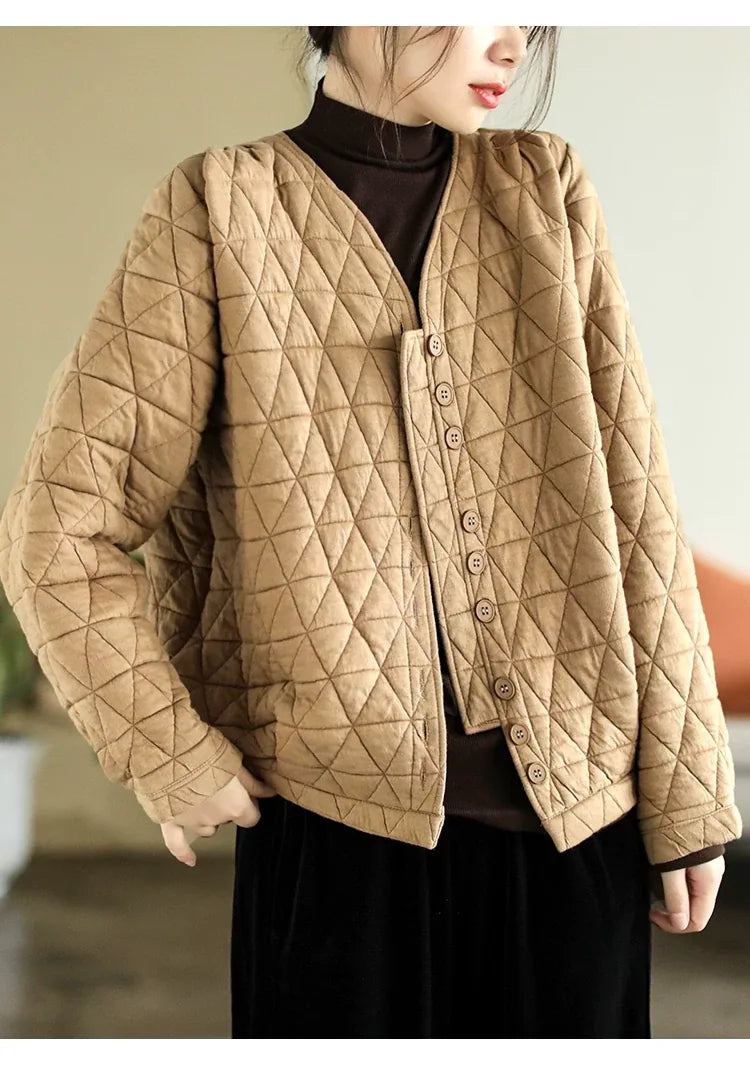 Retro Diamond Quilted V-Neck Padded Jacket