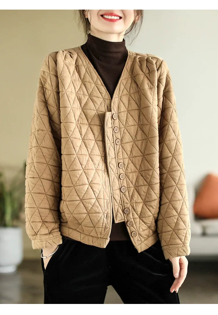Retro Diamond Quilted V-Neck Padded Jacket