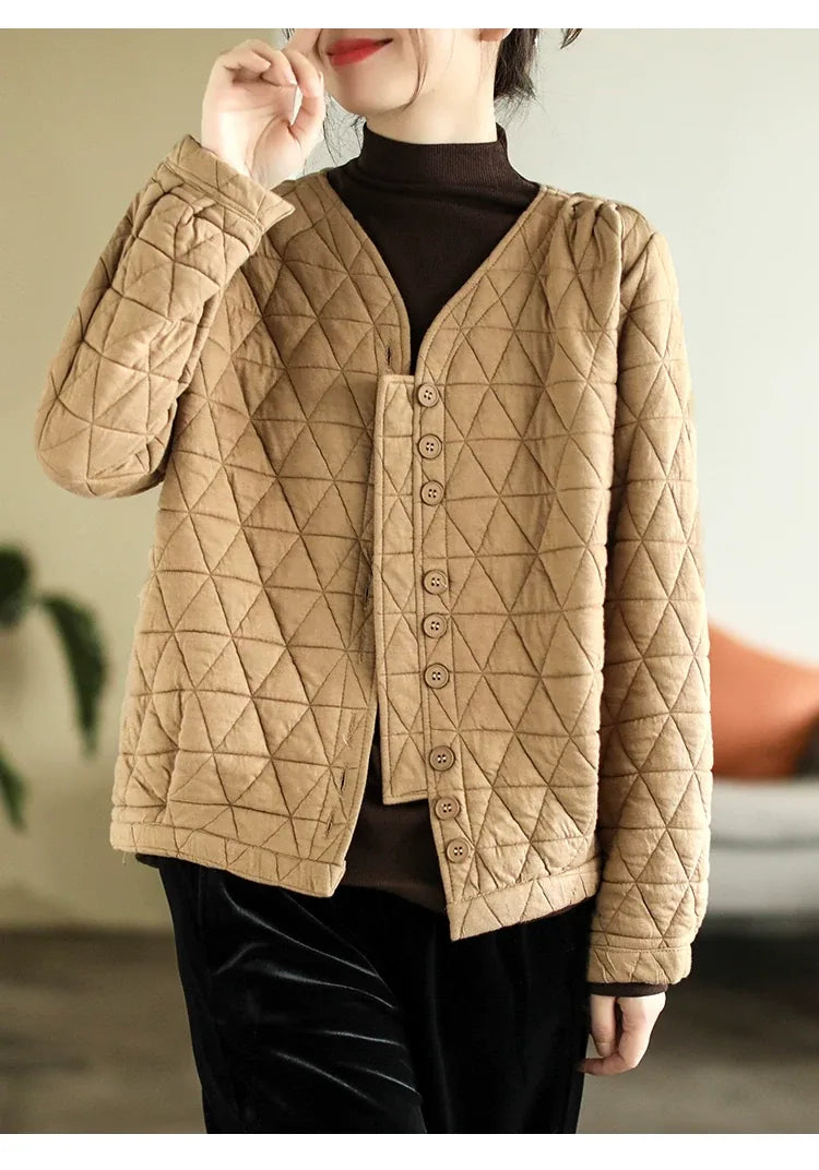 Retro Diamond Quilted V-Neck Padded Jacket