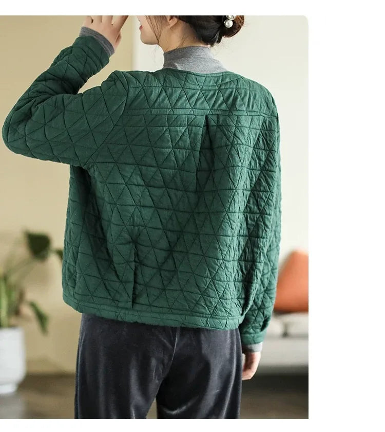 Retro Diamond Quilted V-Neck Padded Jacket