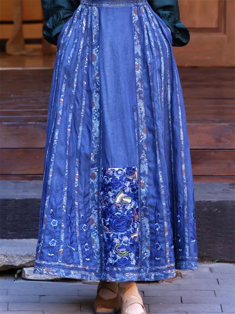 Retro Embroidered Ethnic Style Ma Mian Denim Skirt