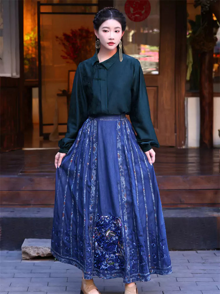 Retro Embroidered Ethnic Style Ma Mian Denim Skirt