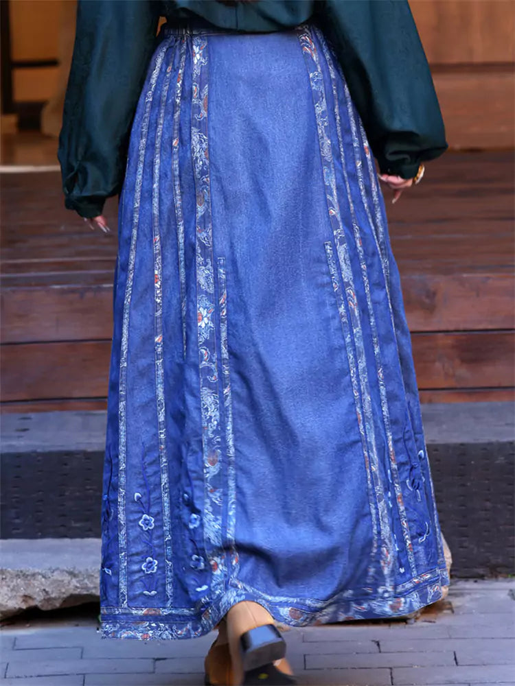 Retro Embroidered Ethnic Style Ma Mian Denim Skirt