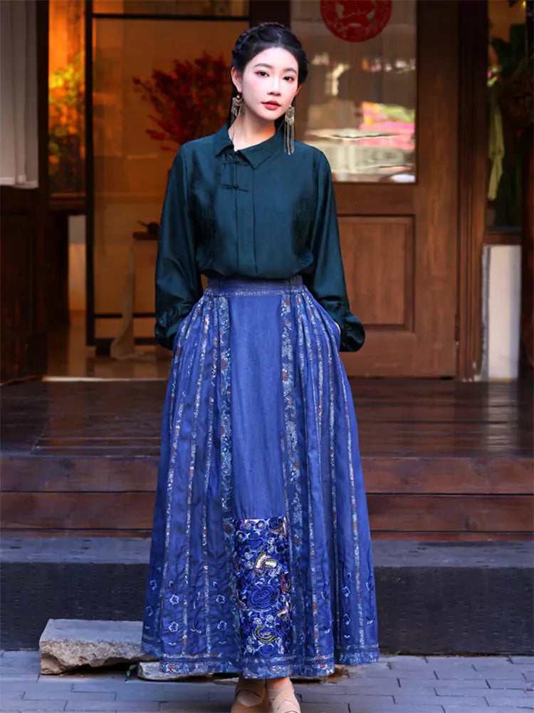 Retro Embroidered Ethnic Style Ma Mian Denim Skirt