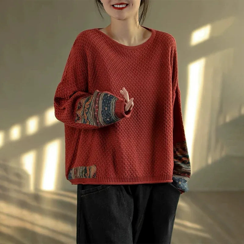 Retro Ethnic Patchwork Open Knit Oversized Sweater