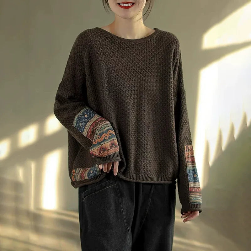 Retro Ethnic Patchwork Open Knit Oversized Sweater