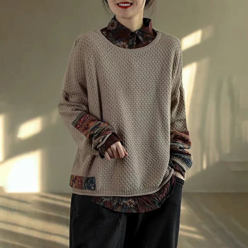 Retro Ethnic Patchwork Open Knit Oversized Sweater