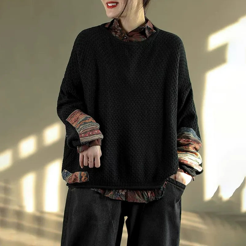 Retro Ethnic Patchwork Open Knit Oversized Sweater