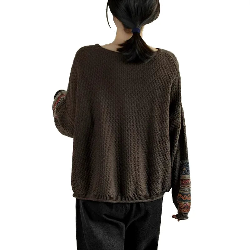 Retro Ethnic Patchwork Open Knit Oversized Sweater