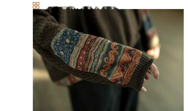 Retro Ethnic Patchwork Open Knit Oversized Sweater