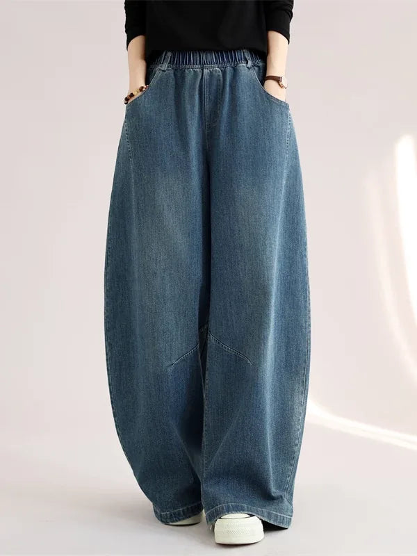 Retro Faded Denim Balloon-Leg Pants with Elastic Waist