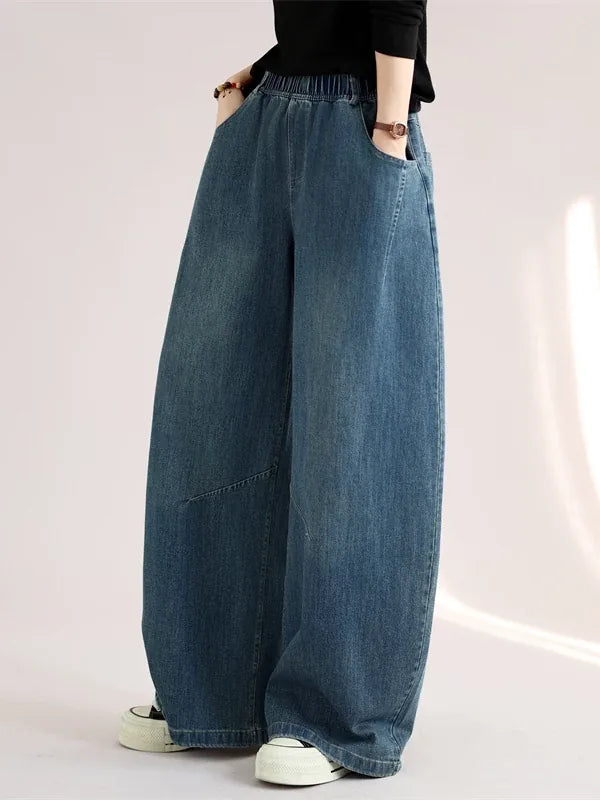 Retro Faded Denim Balloon-Leg Pants with Elastic Waist