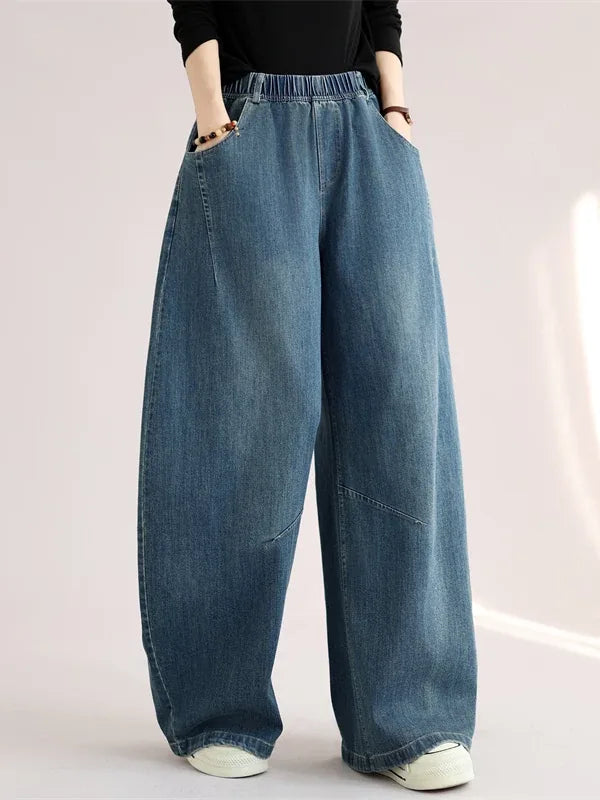 Retro Faded Denim Balloon-Leg Pants with Elastic Waist