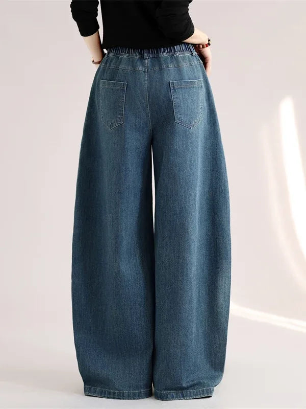 Retro Faded Denim Balloon-Leg Pants with Elastic Waist