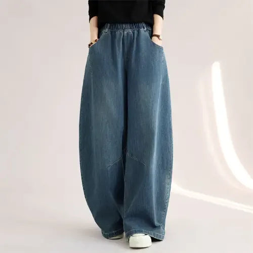 Retro Faded Denim Balloon-Leg Pants with Elastic Waist