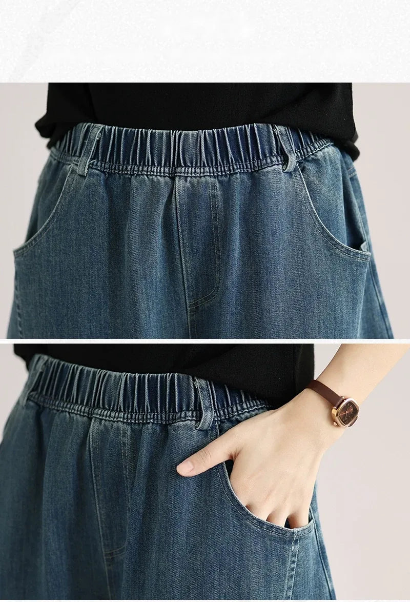 Retro Faded Denim Balloon-Leg Pants with Elastic Waist