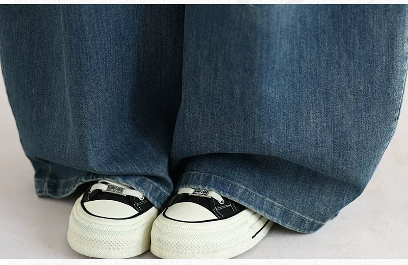 Retro Faded Denim Balloon-Leg Pants with Elastic Waist