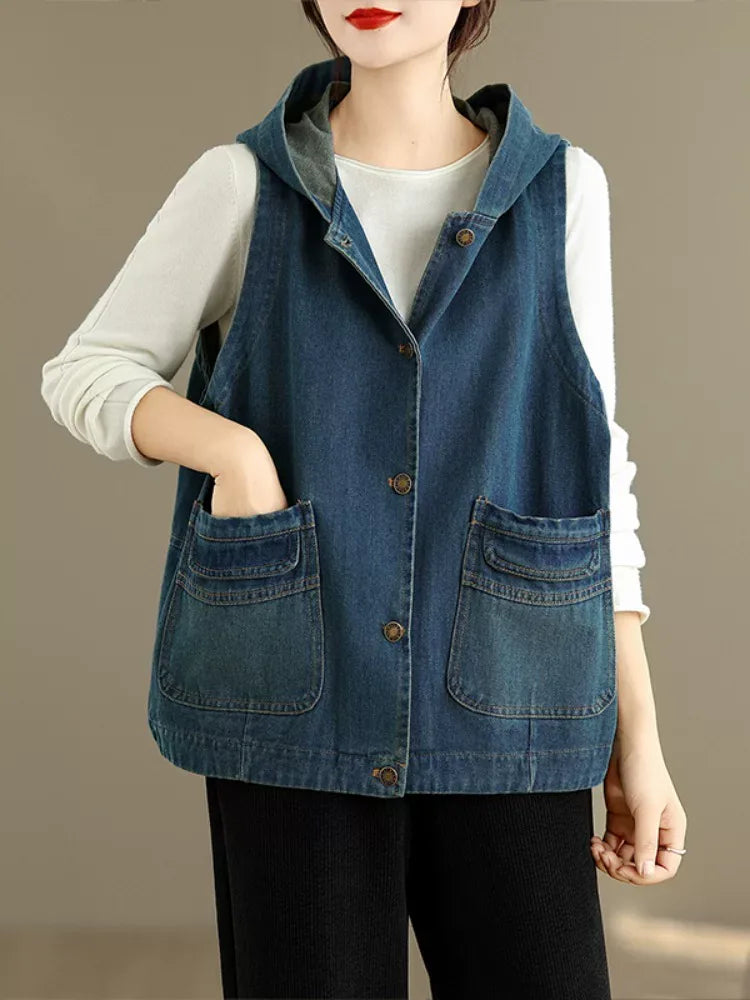Retro Faded Denim Hooded Vest with Patch Pockets