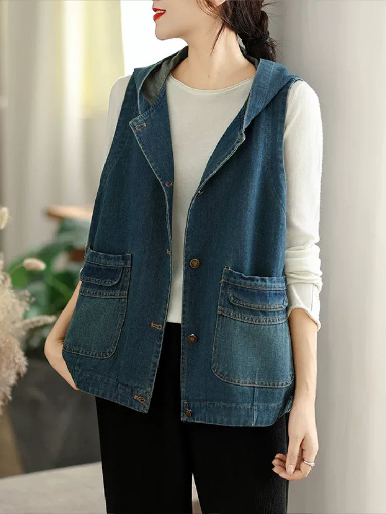 Retro Faded Denim Hooded Vest with Patch Pockets