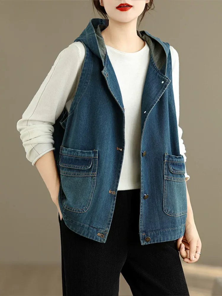 Retro Faded Denim Hooded Vest with Patch Pockets