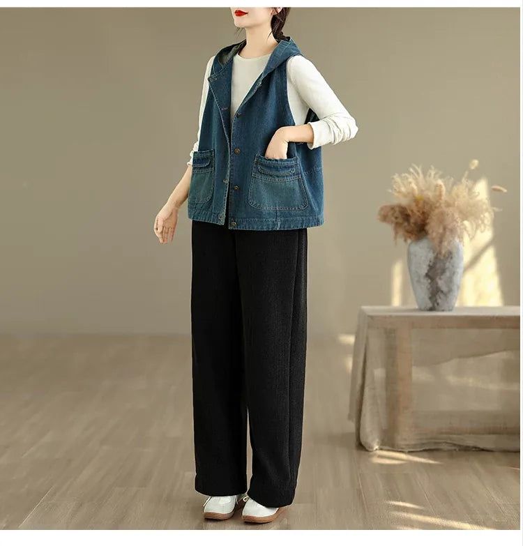 Retro Faded Denim Hooded Vest with Patch Pockets