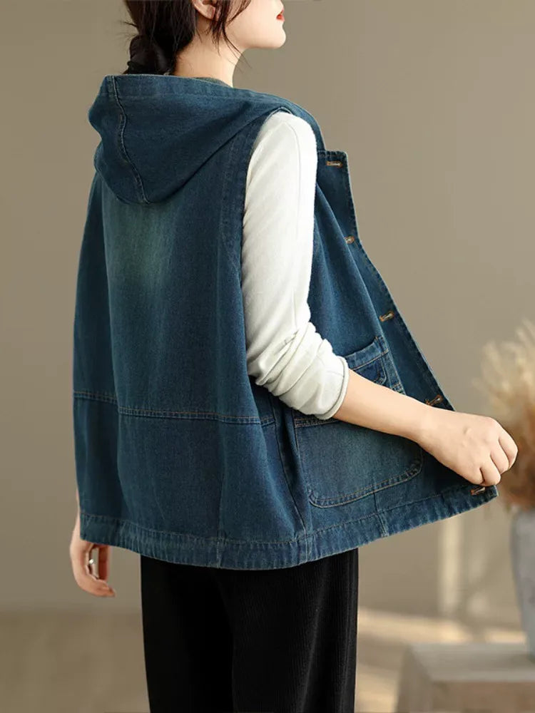 Retro Faded Denim Hooded Vest with Patch Pockets