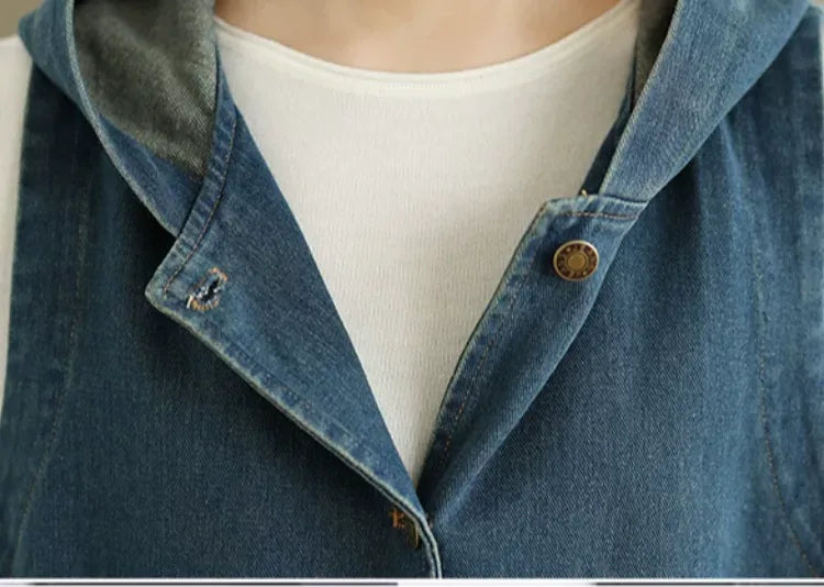 Retro Faded Denim Hooded Vest with Patch Pockets
