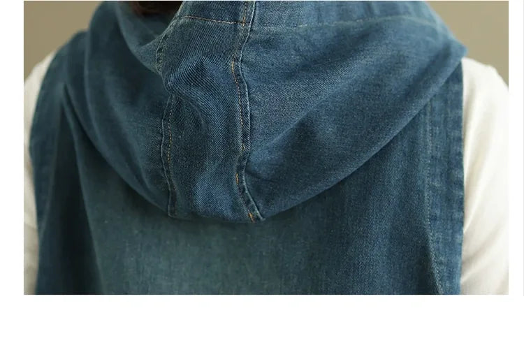 Retro Faded Denim Hooded Vest with Patch Pockets