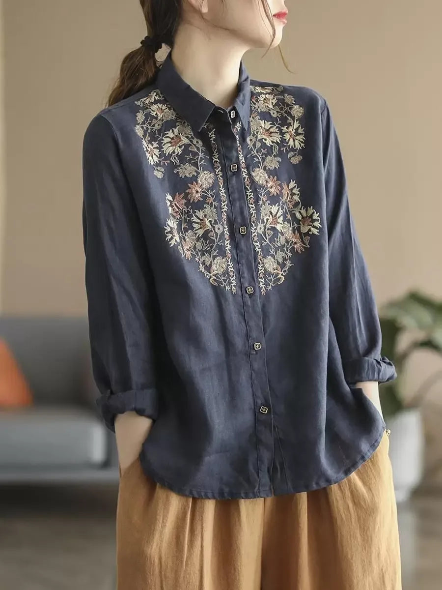 Retro Floral Embroidered Button Front Long Sleeve Shirt