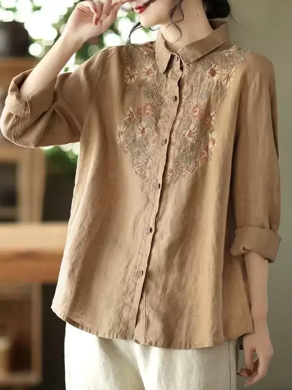 Retro Floral Embroidered Button Front Long Sleeve Shirt