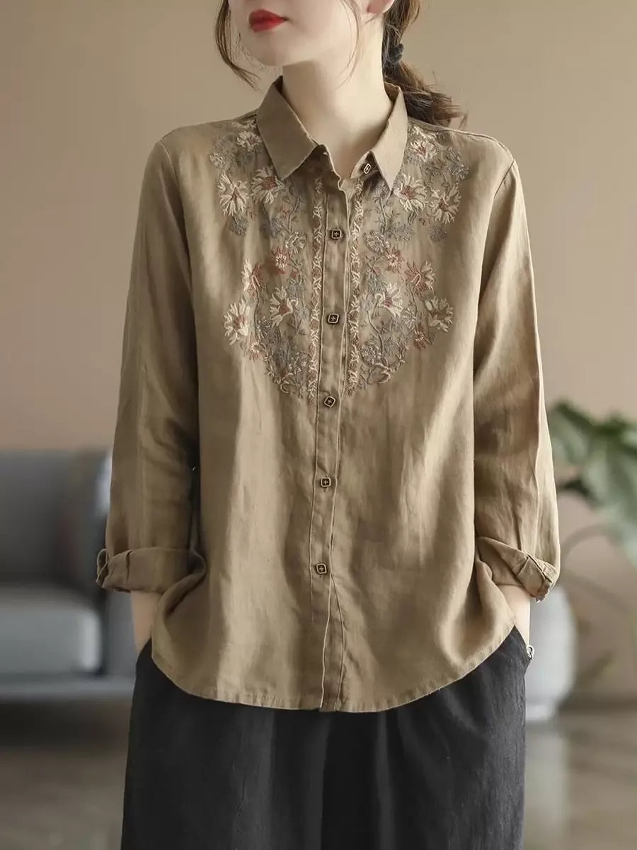 Retro Floral Embroidered Button Front Long Sleeve Shirt