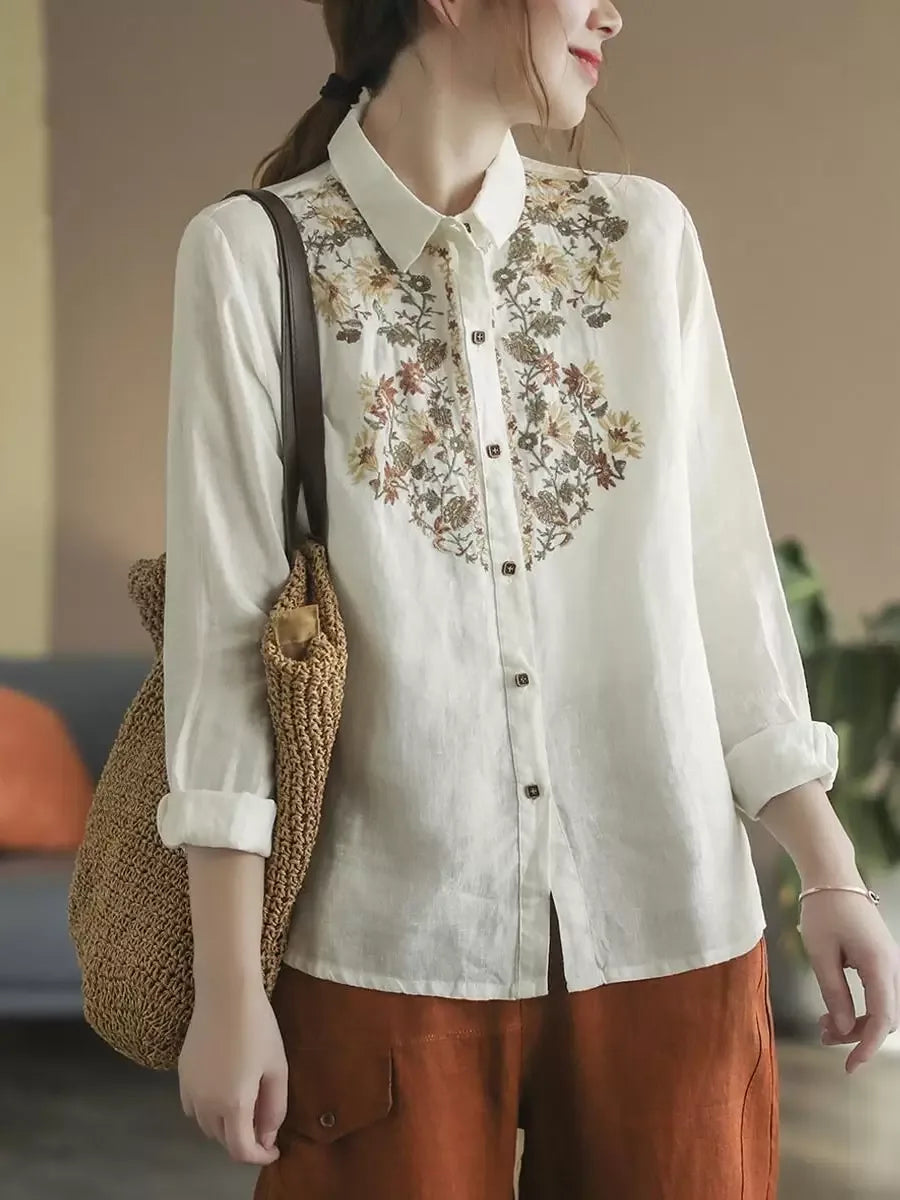 Retro Floral Embroidered Button Front Long Sleeve Shirt