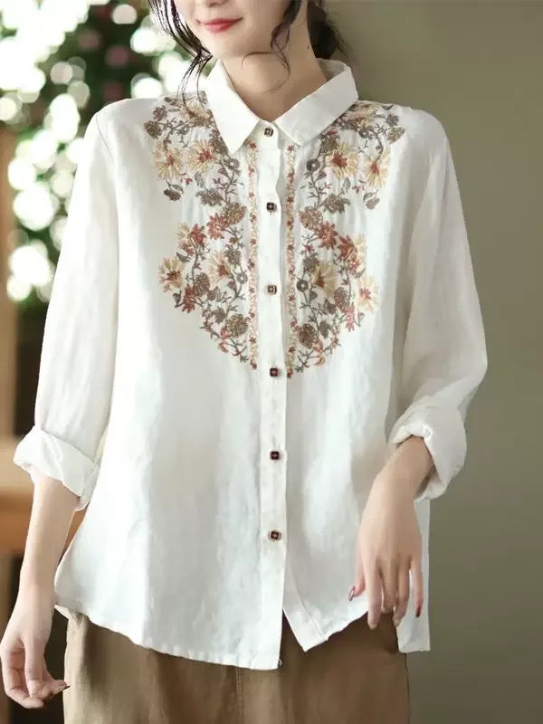 Retro Floral Embroidered Button Front Long Sleeve Shirt