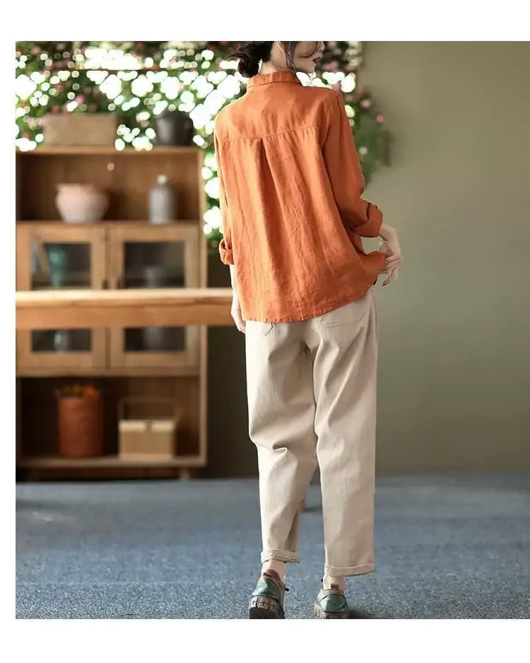 Retro Floral Embroidered Button Front Long Sleeve Shirt