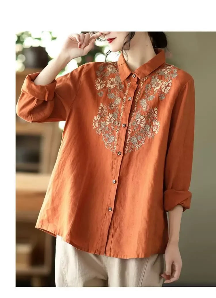 Retro Floral Embroidered Button Front Long Sleeve Shirt