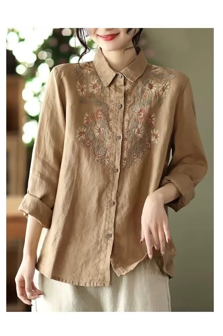 Retro Floral Embroidered Button Front Long Sleeve Shirt