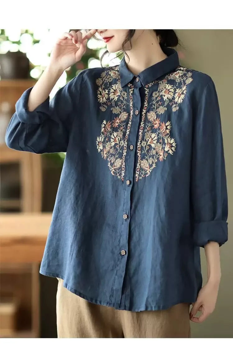 Retro Floral Embroidered Button Front Long Sleeve Shirt