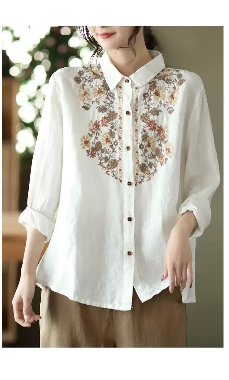 Retro Floral Embroidered Button Front Long Sleeve Shirt