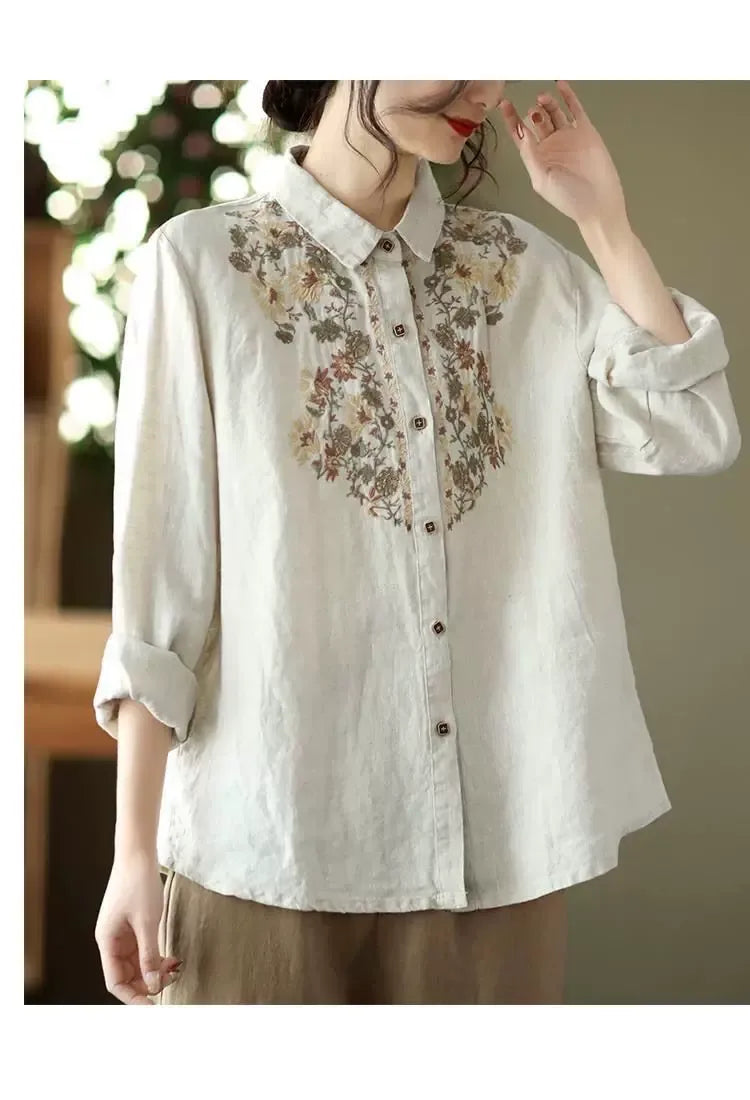 Retro Floral Embroidered Button Front Long Sleeve Shirt