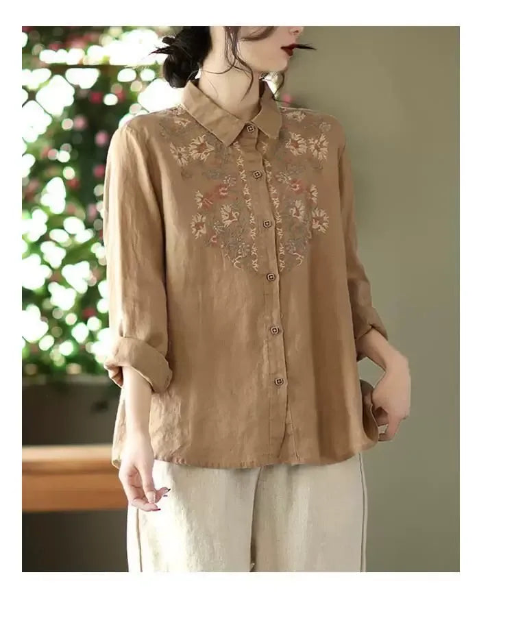 Retro Floral Embroidered Button Front Long Sleeve Shirt