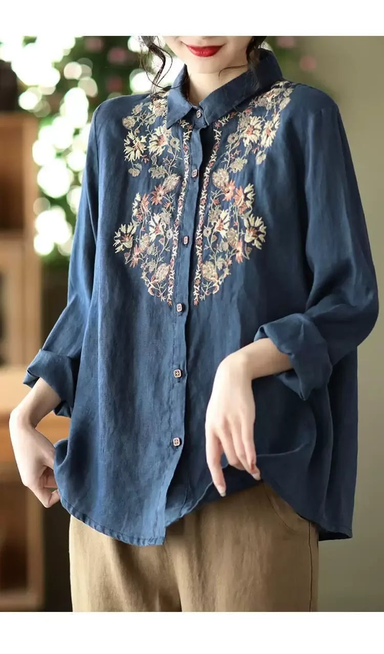 Retro Floral Embroidered Button Front Long Sleeve Shirt