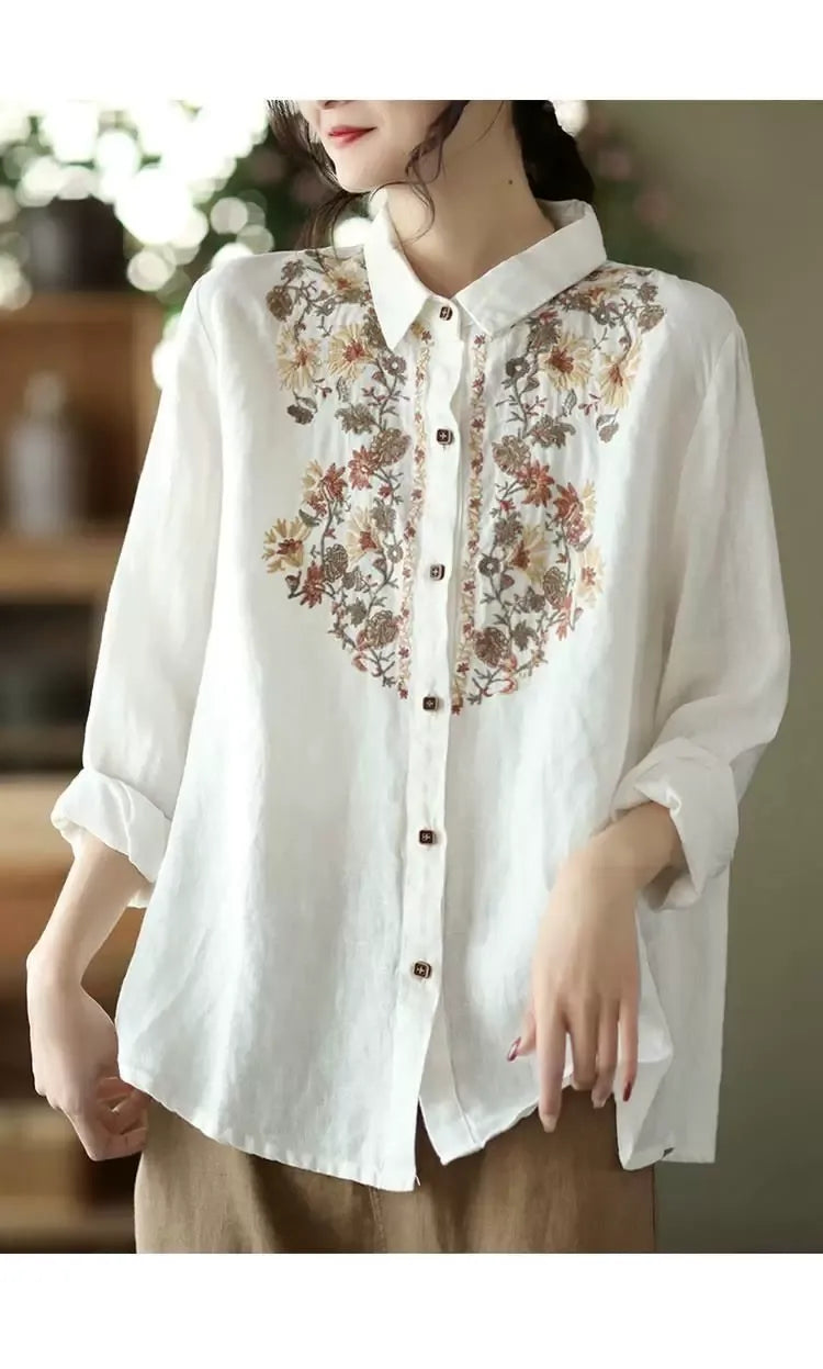 Retro Floral Embroidered Button Front Long Sleeve Shirt