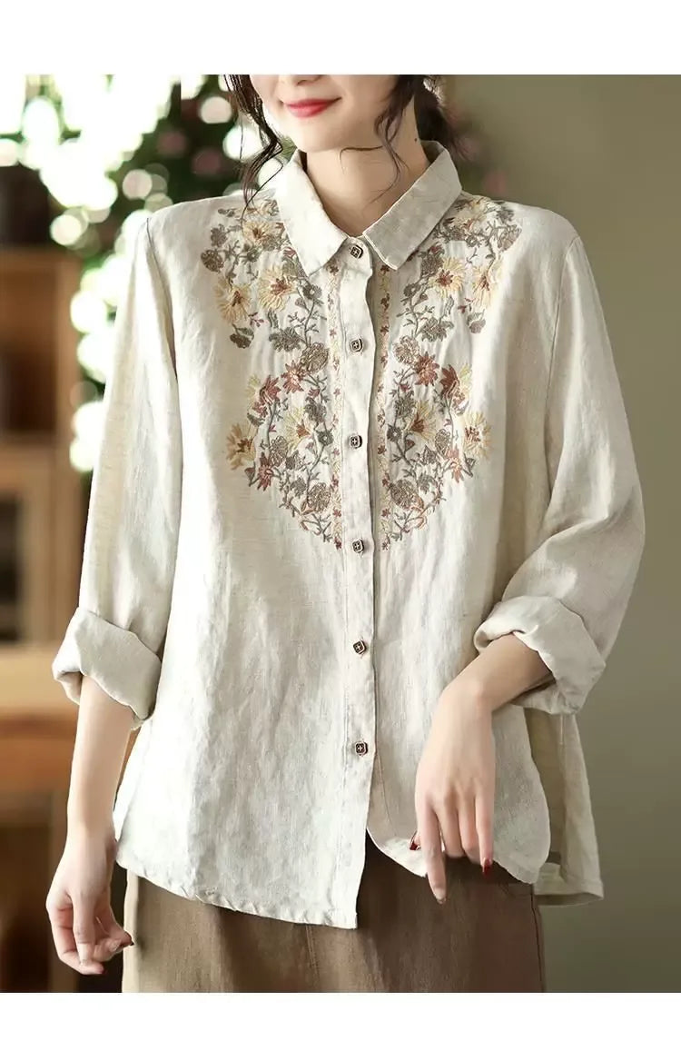 Retro Floral Embroidered Button Front Long Sleeve Shirt