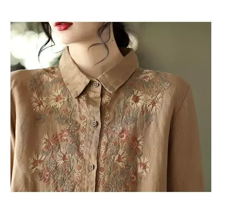 Retro Floral Embroidered Button Front Long Sleeve Shirt