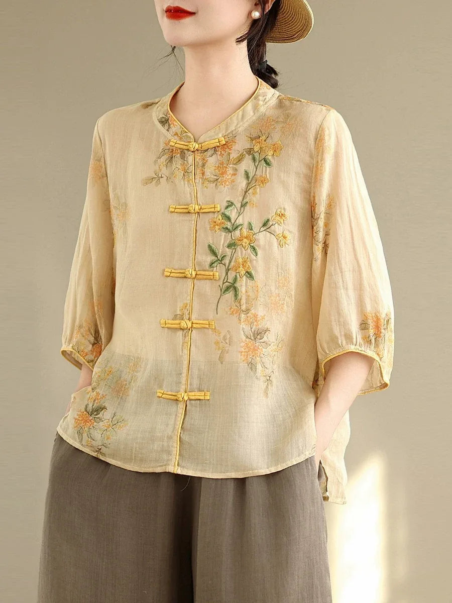 Retro Floral Embroidered Frog Button Mandarin Collar Shirt