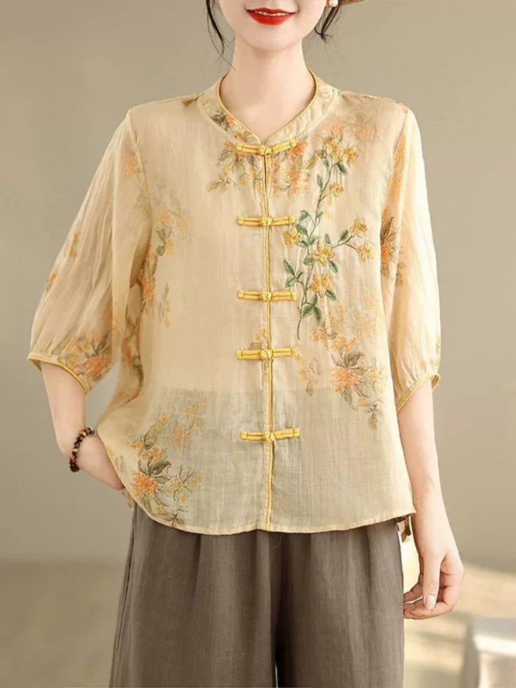 Retro Floral Embroidered Frog Button Mandarin Collar Shirt